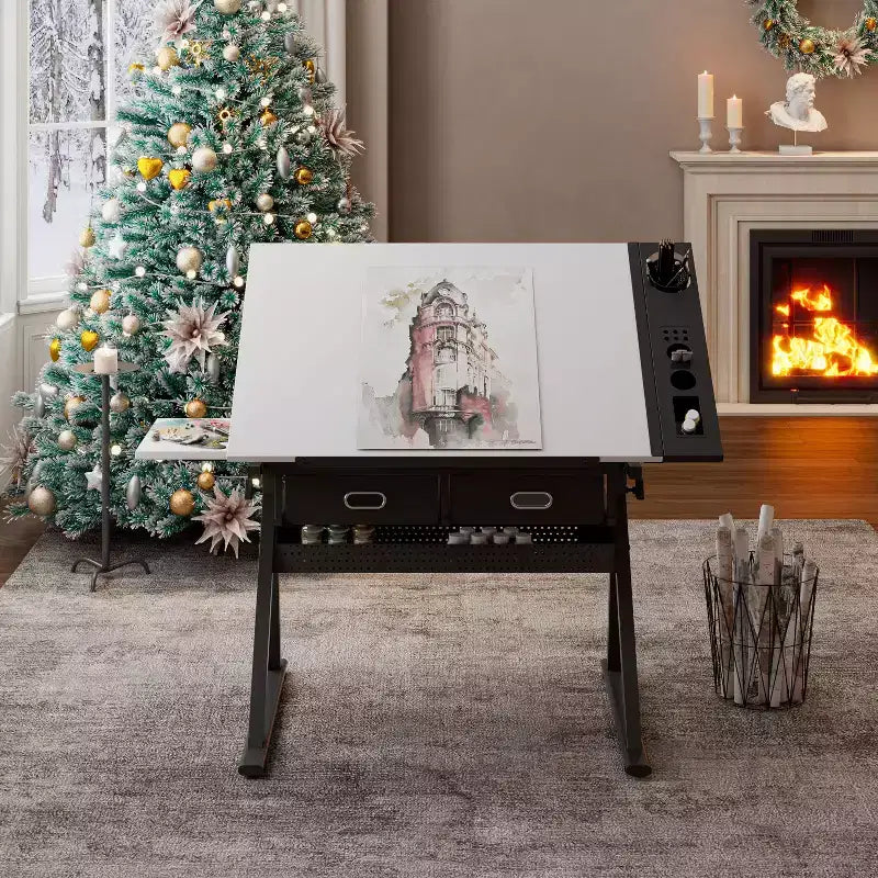 Tavolo da disegno in legno regolabile con 2 cassetti e ripiano, scrivania da disegno per ufficio e scuola per adulti/ragazzi