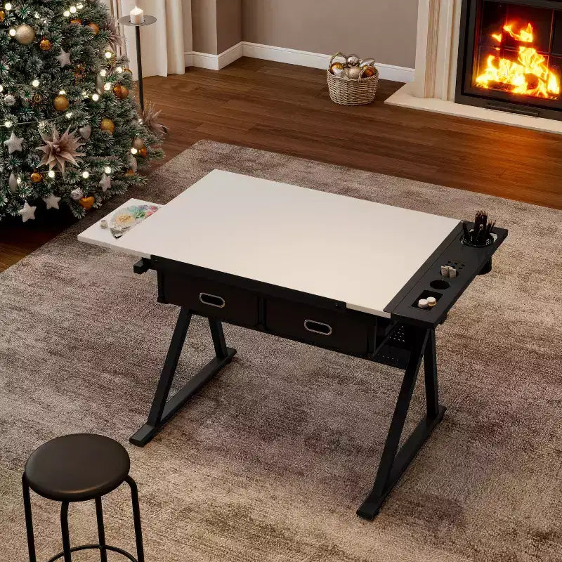 Tavolo da disegno in legno regolabile con 2 cassetti e ripiano, scrivania da disegno per ufficio e scuola per adulti/ragazzi