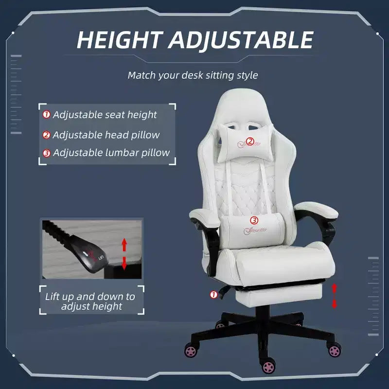 Sedia da gaming ergonomica in pelle PU, sedia da ufficio/computer da corsa con ruote girevoli, poggiapiedi estraibile, poggiatesta, supporto lombare e braccioli