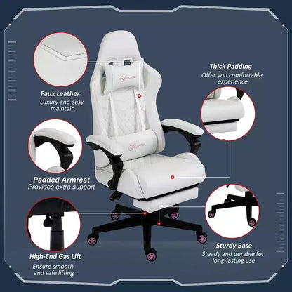 Sedia da gaming ergonomica in pelle PU, sedia da ufficio/computer da corsa con ruote girevoli, poggiapiedi estraibile, poggiatesta, supporto lombare e braccioli