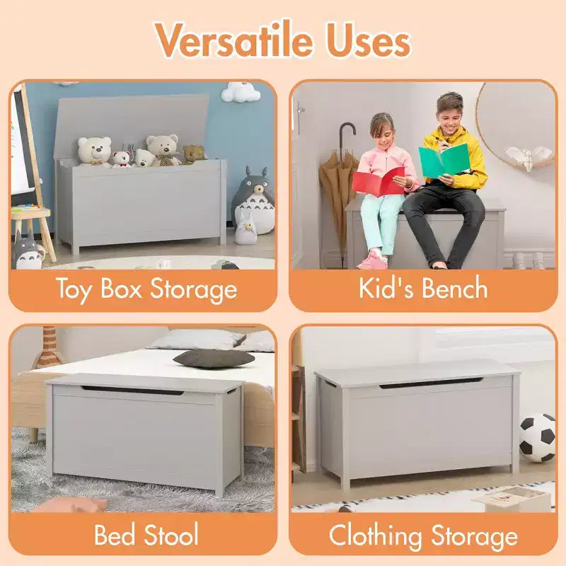 Contenitore portagiochi in legno in stile moderno per bambini, con coperchio incernierato di sicurezza, adatto a bambini dai 2 anni in su (Grigio)