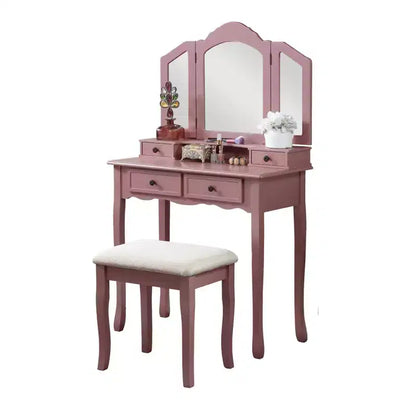 Toeletta vintage in legno con sgabello e specchio, toeletta per trucco con 4 cassetti e ripiano, toeletta compatta per camera da letto, soggiorno