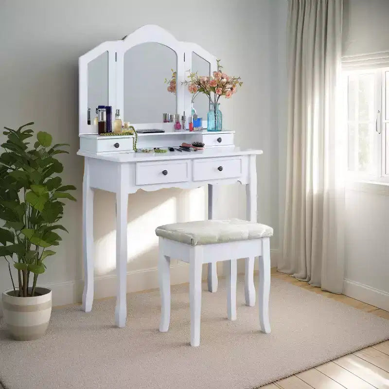 Toeletta vintage in legno con sgabello e specchio, toeletta per trucco con 4 cassetti e ripiano, toeletta compatta per camera da letto, soggiorno