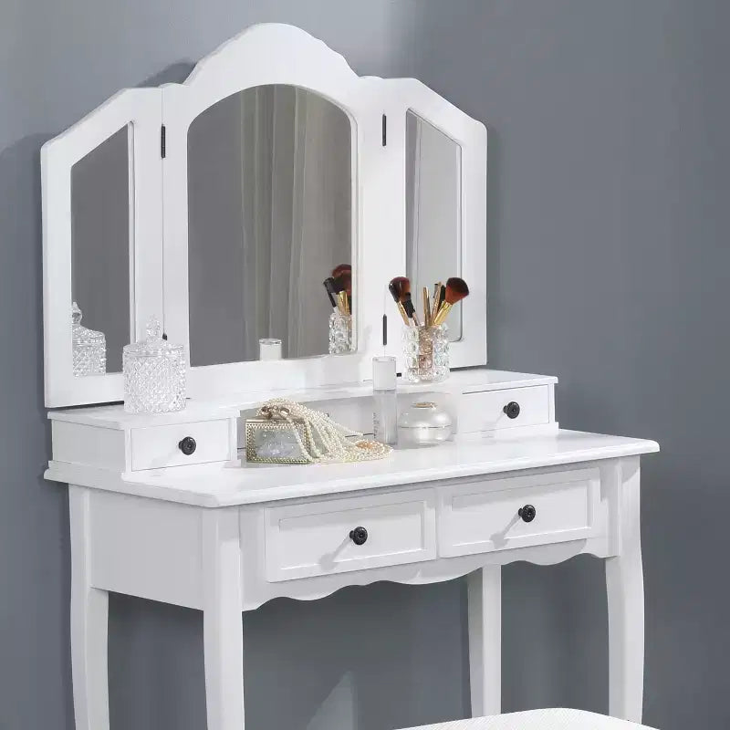 Toeletta vintage in legno con sgabello e specchio, toeletta per trucco con 4 cassetti e ripiano, toeletta compatta per camera da letto, soggiorno