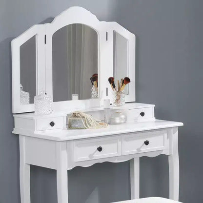 Toeletta vintage in legno con sgabello e specchio, toeletta per trucco con 4 cassetti e ripiano, toeletta compatta per camera da letto, soggiorno