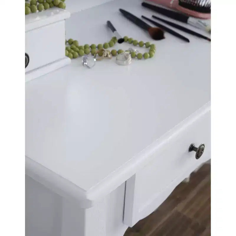 Toeletta vintage in legno con sgabello e specchio, toeletta per trucco con 4 cassetti e ripiano, toeletta compatta per camera da letto, soggiorno