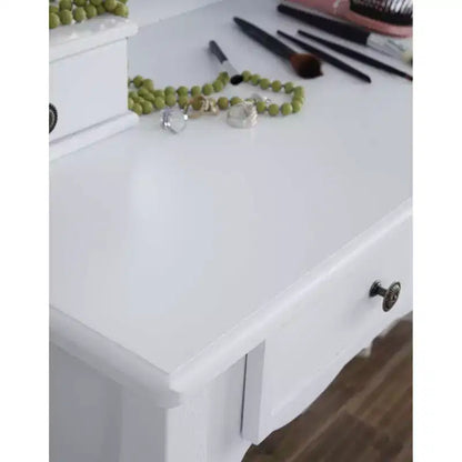 Toeletta vintage in legno con sgabello e specchio, toeletta per trucco con 4 cassetti e ripiano, toeletta compatta per camera da letto, soggiorno