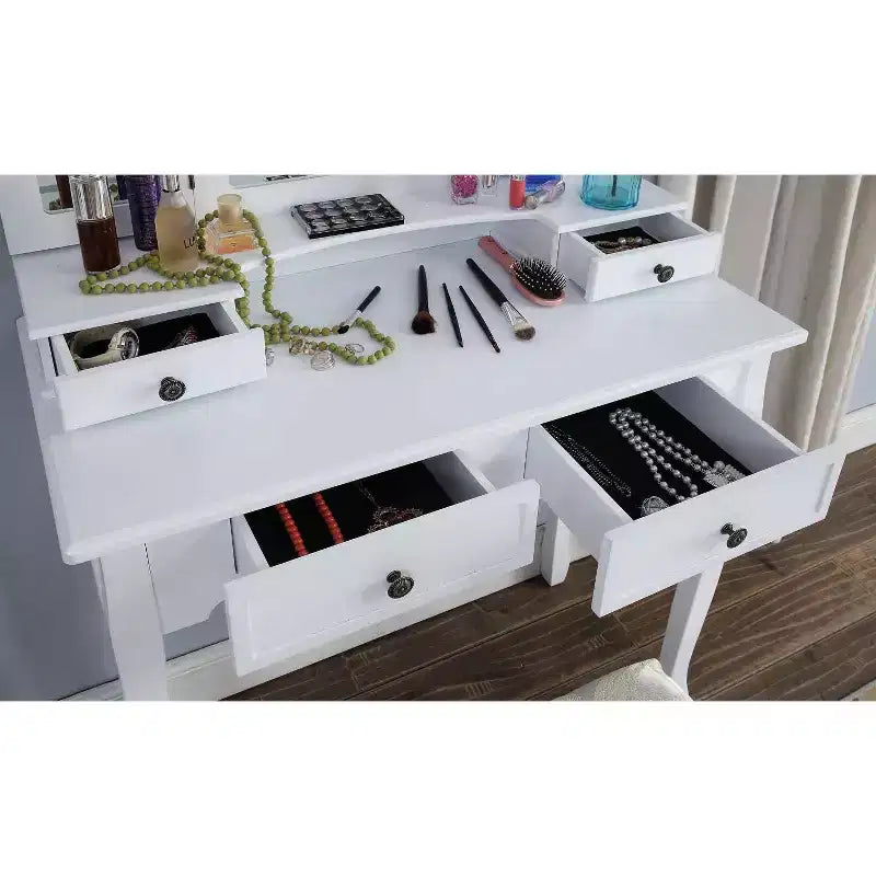 Toeletta vintage in legno con sgabello e specchio, toeletta per trucco con 4 cassetti e ripiano, toeletta compatta per camera da letto, soggiorno