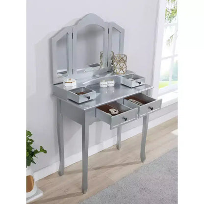 Toeletta vintage in legno con sgabello e specchio, toeletta per trucco con 4 cassetti e ripiano, toeletta compatta per camera da letto, soggiorno