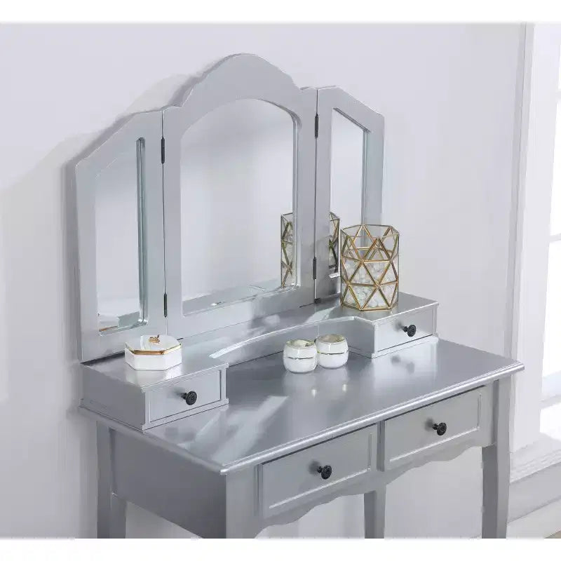 Toeletta vintage in legno con sgabello e specchio, toeletta per trucco con 4 cassetti e ripiano, toeletta compatta per camera da letto, soggiorno