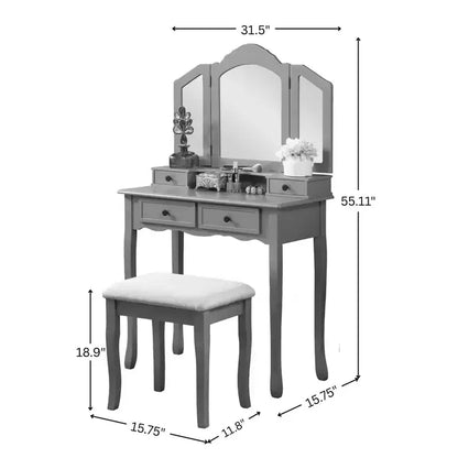 Toeletta vintage in legno con sgabello e specchio, toeletta per trucco con 4 cassetti e ripiano, toeletta compatta per camera da letto, soggiorno