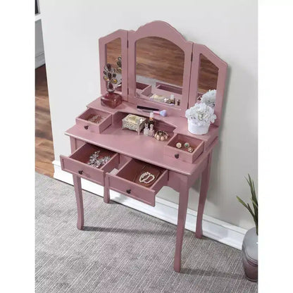Toeletta vintage in legno con sgabello e specchio, toeletta per trucco con 4 cassetti e ripiano, toeletta compatta per camera da letto, soggiorno