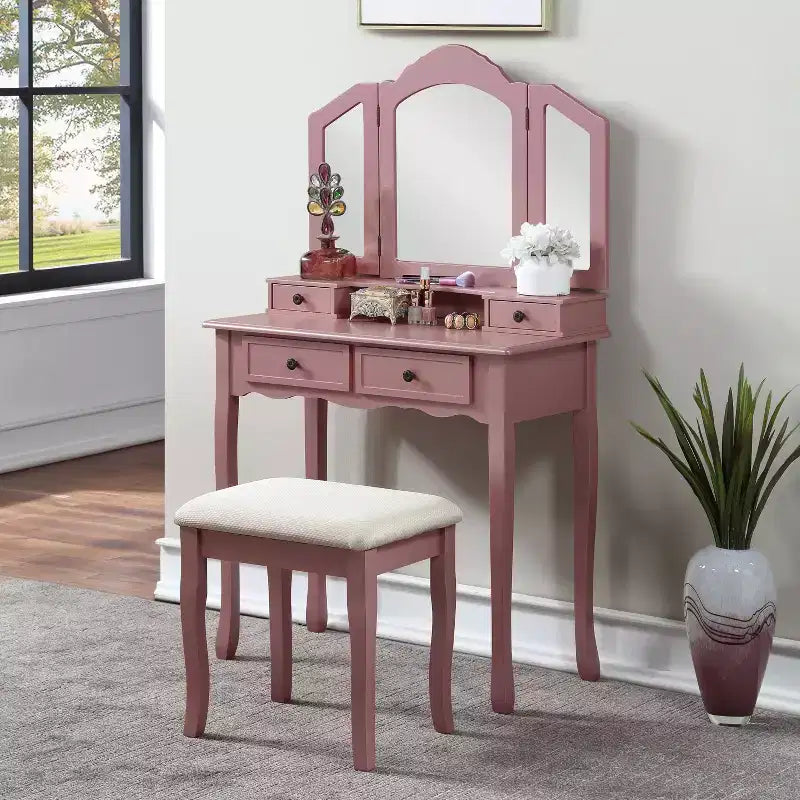 Toeletta vintage in legno con sgabello e specchio, toeletta per trucco con 4 cassetti e ripiano, toeletta compatta per camera da letto, soggiorno