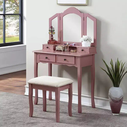 Toeletta vintage in legno con sgabello e specchio, toeletta per trucco con 4 cassetti e ripiano, toeletta compatta per camera da letto, soggiorno