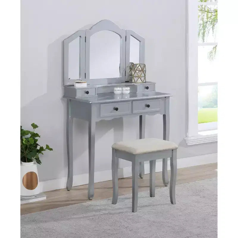 Toeletta vintage in legno con sgabello e specchio, toeletta per trucco con 4 cassetti e ripiano, toeletta compatta per camera da letto, soggiorno