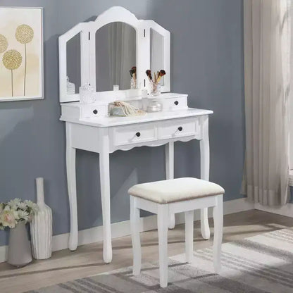 Toeletta vintage in legno con sgabello e specchio, toeletta per trucco con 4 cassetti e ripiano, toeletta compatta per camera da letto, soggiorno