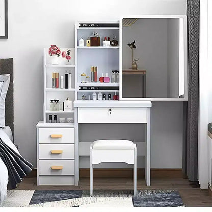 Okak Modern Vanity Desk with Large Mirror, Makeup Vanity with 4 Drawers and Shelves, Girls Vanity with Chair for Bedroom, Vanity Room, White