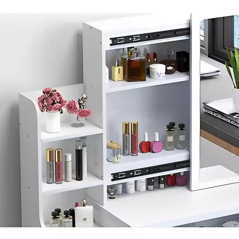 Moderna scrivania con specchio grande, mobile trucco con 4 cassetti e mensole, specchiera con sedia per camera da letto, camerino, bianco
