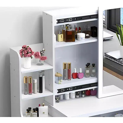 Moderna scrivania con specchio grande, mobile trucco con 4 cassetti e mensole, specchiera con sedia per camera da letto, camerino, bianco