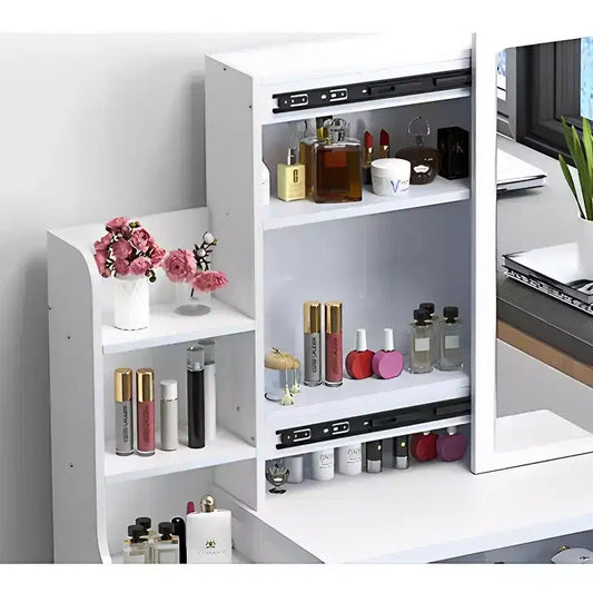 Moderna scrivania con specchio grande, mobile trucco con 4 cassetti e mensole, specchiera con sedia per camera da letto, camerino, bianco
