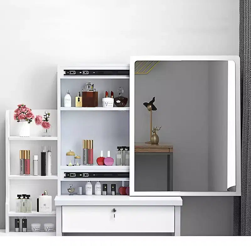 Moderna scrivania con specchio grande, mobile trucco con 4 cassetti e mensole, specchiera con sedia per camera da letto, camerino, bianco