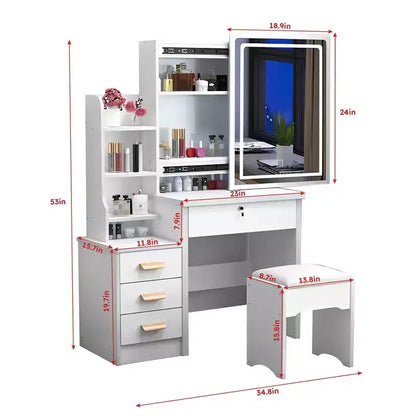 Moderna scrivania con specchio grande, mobile trucco con 4 cassetti e mensole, specchiera con sedia per camera da letto, camerino, bianco