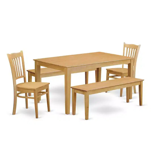 HomeStock 5-Piece Rectangle Natural Oak Finish Solid Wood Top Dining Table with 2 Benches, 2 Chairs
