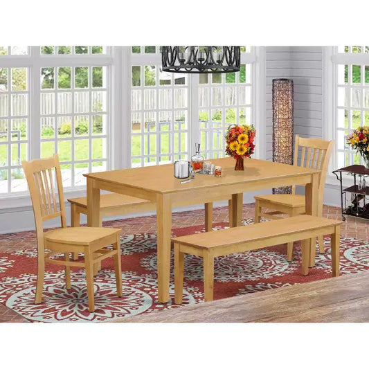 Tavolo da Pranzo Rettangolare in Legno Massello con Finitura Rovere Naturale con 2 Panche, 2 Sedie