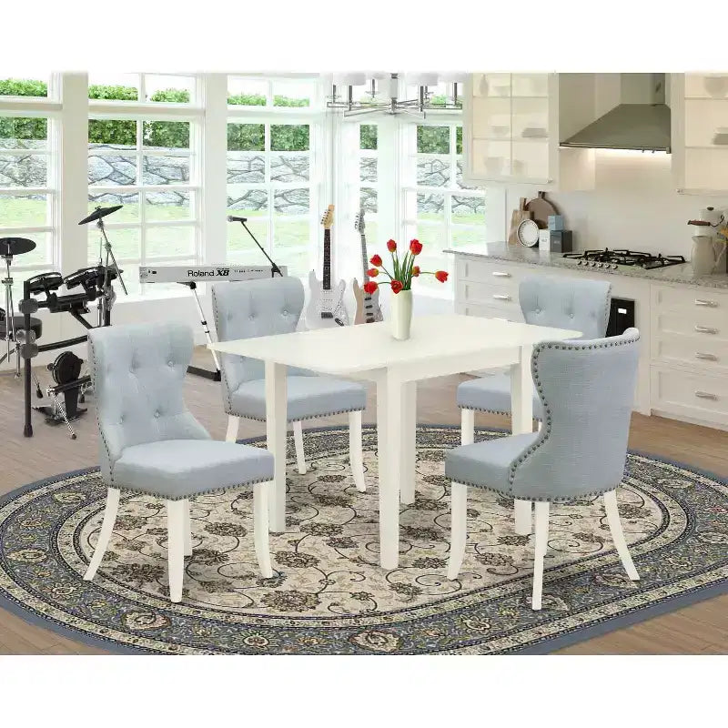 Set Tavolo da Pranzo 4 Sedie - Tessuto Lino Blu e Bianco - Set Cucina Moderno in Legno