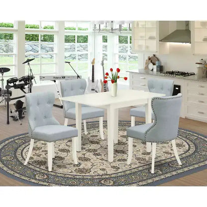 Set Tavolo da Pranzo 4 Sedie - Tessuto Lino Blu e Bianco - Set Cucina Moderno in Legno