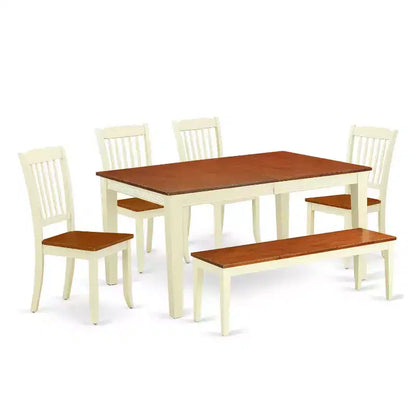Retro Dining Set 6Pc Rectangular Table w/ Leaf & 4 Chairs Bench - 54/66 Inch