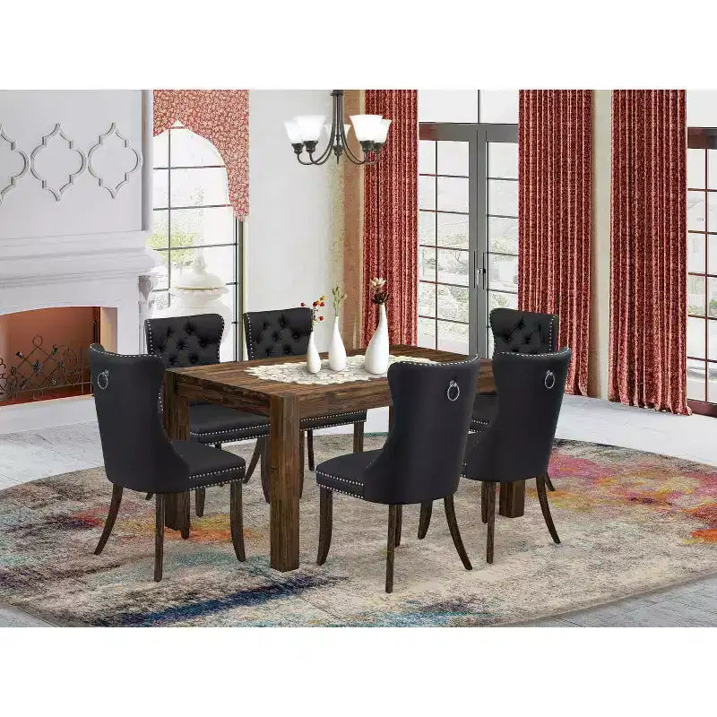 HomeStock Tavolo da Pranzo Rettangolare a 7 Pezzi, Finitura Jacobean Invecchiata, Piano in Legno Massello con 6 Sedie