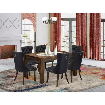 HomeStock Tavolo da Pranzo Rettangolare a 7 Pezzi, Finitura Jacobean Invecchiata, Piano in Legno Massello con 6 Sedie