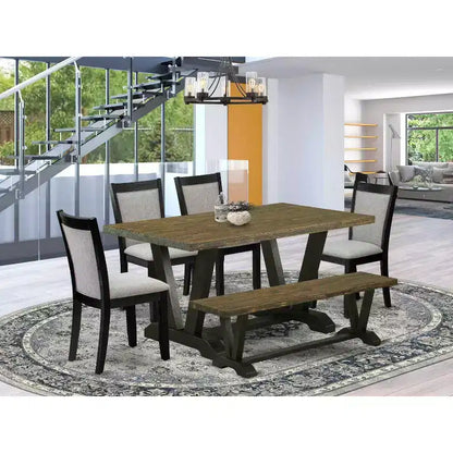 HomeStock Tavolo da Pranzo 6 Pezzi in Legno Massello con Finitura Jacobean Invecchiata, con 1 Panca e 4 Sedie Imbottite