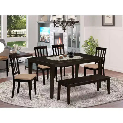 HomeStock Tavolo da Pranzo Rettangolare a 6 Pezzi con Piano in Legno Massello Finitura Cappuccino con 1 Panca, 4 Sedie