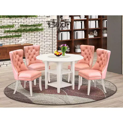 Set da pranzo rotondo a 5 pezzi in legno massello con finitura bianca lino - 4 posti a sedere