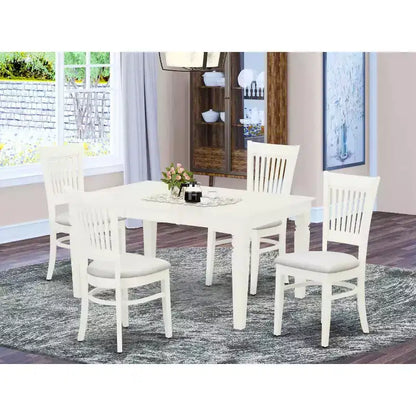 HomeStock Tavolo da pranzo rettangolare in legno massello con finitura in lino bianco a 5 pezzi con 4 sedie con prolunga a farfalla e schienale a doghe