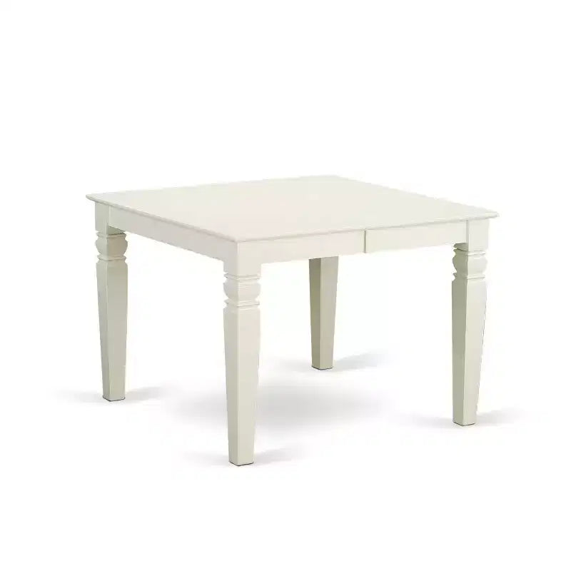 HomeStock Tavolo da pranzo rettangolare in legno massello con finitura in lino bianco a 5 pezzi con 4 sedie con prolunga a farfalla e schienale a doghe