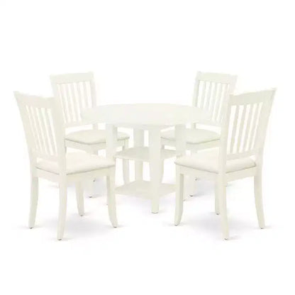HomeStock 5-Pc Linen White Finish Solid Wood Top - Round Dining Room Set with Dropleaf - Seats 4