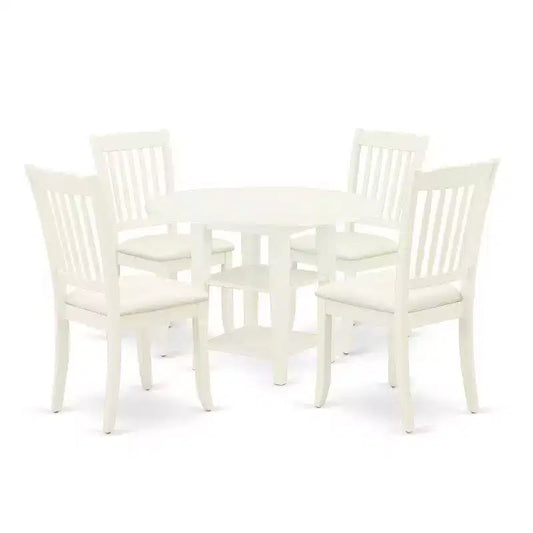 HomeStock 5-Pc Linen White Finish Solid Wood Top - Round Dining Room Set with Dropleaf - Seats 4
