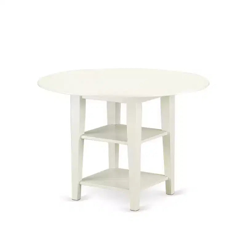 HomeStock Set da Pranzo Rotondo da 5 Pezzi con Piano in Legno Massello Finitura Lino Bianco - con Prolunghe a Ribalta - 4 Posti a Sedere