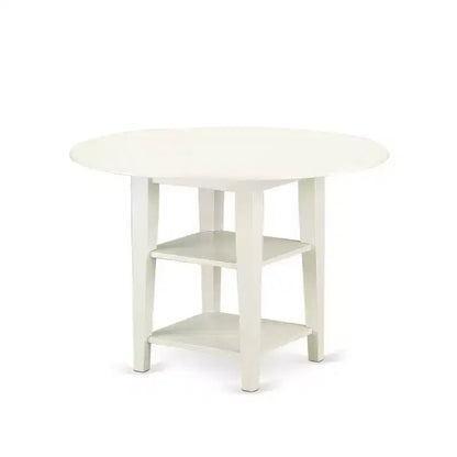 HomeStock Set da Pranzo Rotondo da 5 Pezzi con Piano in Legno Massello Finitura Lino Bianco - con Prolunghe a Ribalta - 4 Posti a Sedere