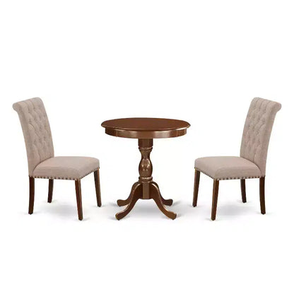 3-Piece Mahogany Finish Solid Wood Top - Upholstered Dining Room Set - Seats 4