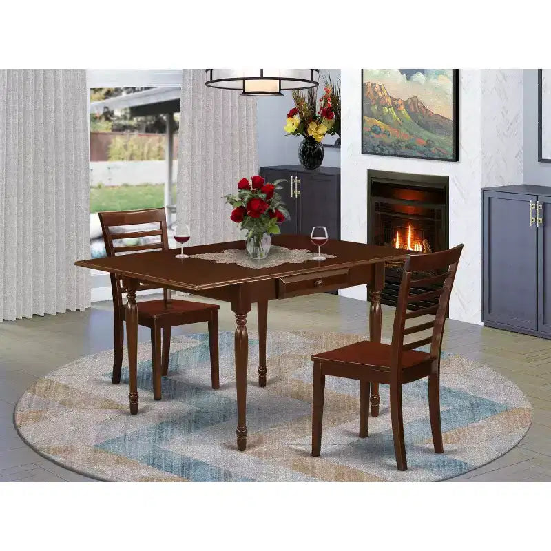 Set tavolo da pranzo HomeStock 3 pezzi in legno massello con finitura mogano e prolunghe a ribalta