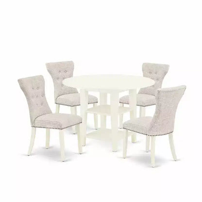 5-Piece Linen White Finish Solid Wood Top - Round Dining Room Set with Leaf - Seats 4