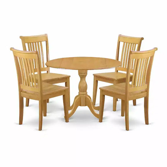 HomeStock 5-Piece Natural Oak Finish Solid Wood Top Dining table with 4 Chairs with Slat Back