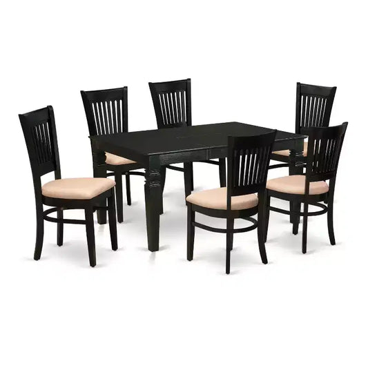 HomeStock 7-Piece Rectangle Black Finish Solid Wood Top Dining Table with 6-Chairs with Butterfly Leaf Slat Back