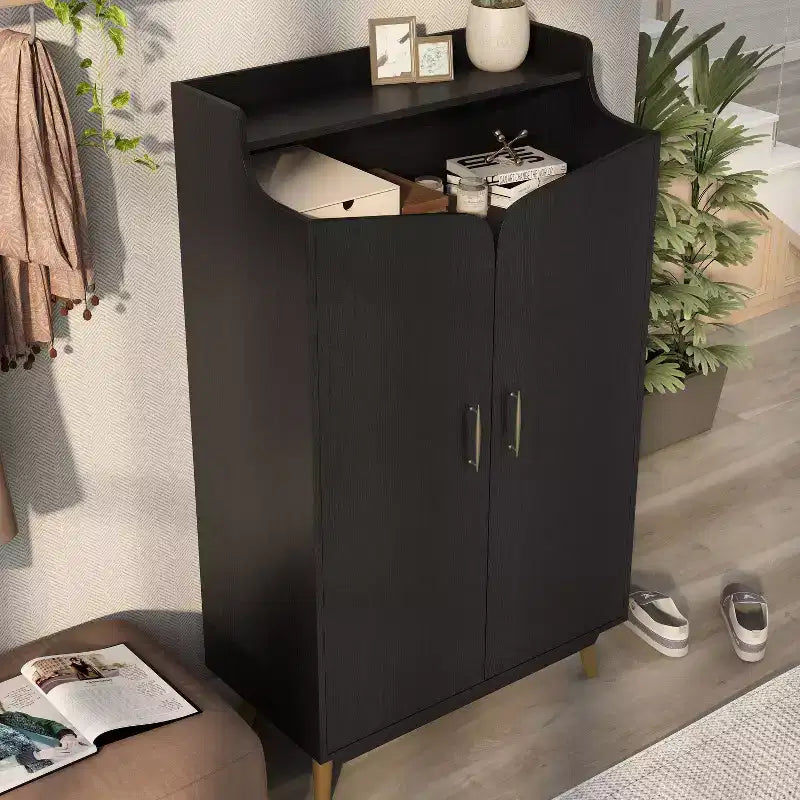 Scarpiera a due ante Tamworth nera - Contiene 15 paia, ripiani regolabili, stile Mid Century