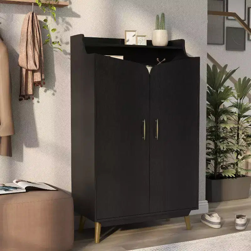 Scarpiera a due ante Tamworth nera - Contiene 15 paia, ripiani regolabili, stile Mid Century