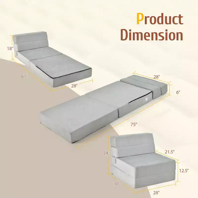 Poltrona Tri-Fold Pieghevole a Scomparsa Chaise Longue Convertibile Divano Letto Dormitorio Grigio